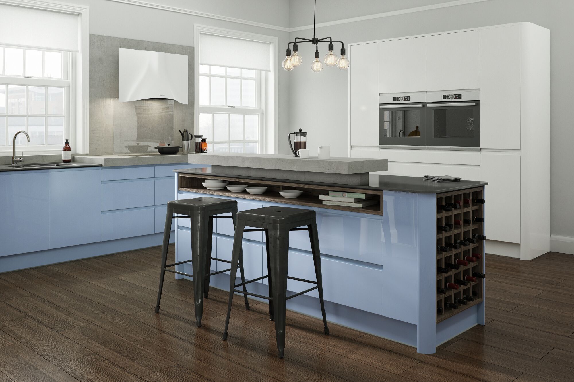 Handleless Kitchen in Periwinkle and White