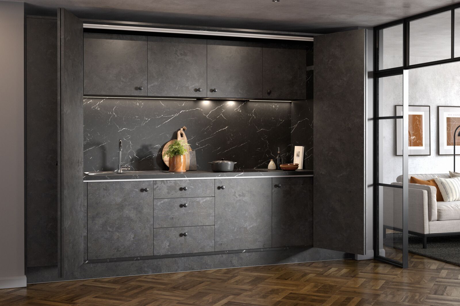 Hideaway Elements Kitchen in Metallic Night | Wren Kitchens