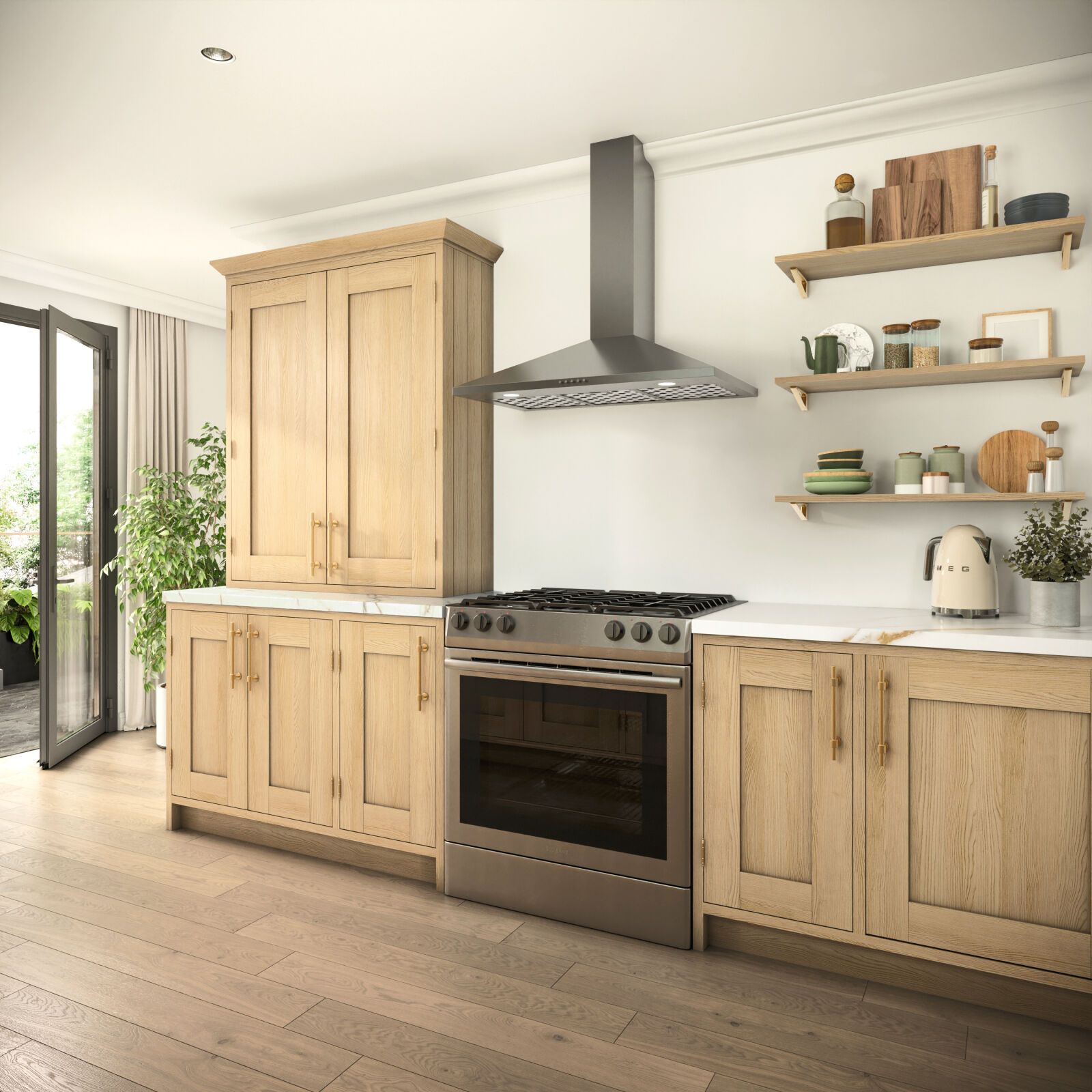 Inframe Kitchen Base Inits Inframe Shaker Forest in Italian Oak Grain | Wren Kitchens