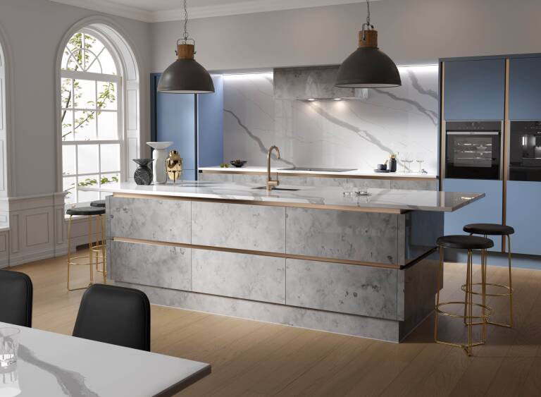 milano elements kitchen in metallic silver smoke blue kitchen